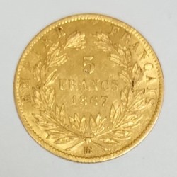 FRANCE - KM 803 - 5 FRANCS 1867 BB - Strasbourg - GOLD - NAPOLEON III - Laureate head - cross on the cheek otherwise VF