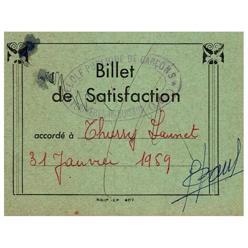 RÉCOMPENSE SCOLAIRE - BILLET DE SATISFACTION - 31 JANVIER 1959