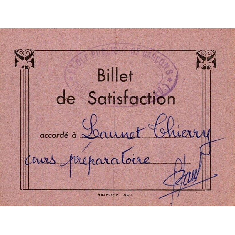 RÉCOMPENSE SCOLAIRE - BILLET DE SATISFACTION