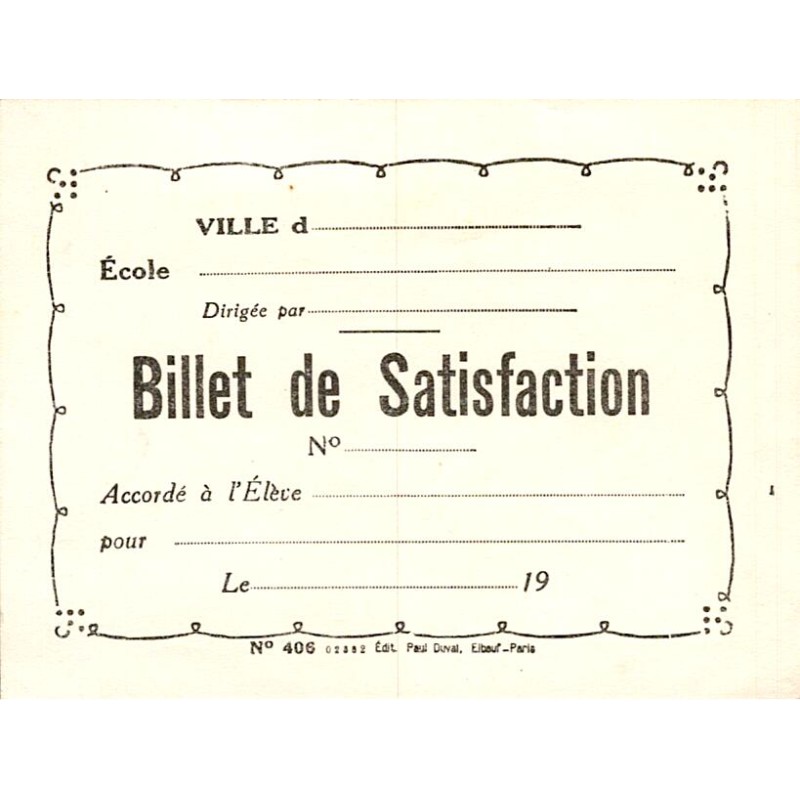 RÉCOMPENSE SCOLAIRE - BILLET DE SATISFACTION