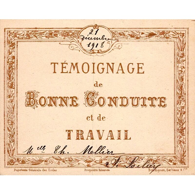 RÉCOMPENSE SCOLAIRE - TEMOIGNAGE DE BONNE CONDUITE ET DE TRAVAIL - 1918