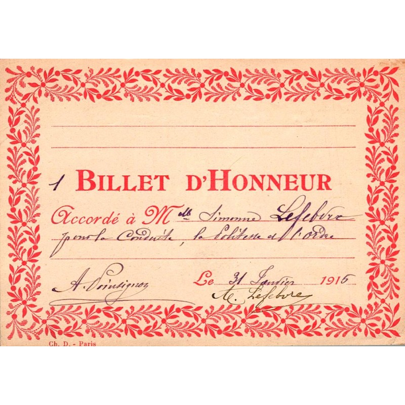 RÉCOMPENSE SCOLAIRE - BILLET D'HONNEUR - 31 JANVIER 1915