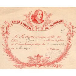 RÉCOMPENSE SCOLAIRE - LYCEE B.PASCAL DE CLERMONT - 2 MARS 1912