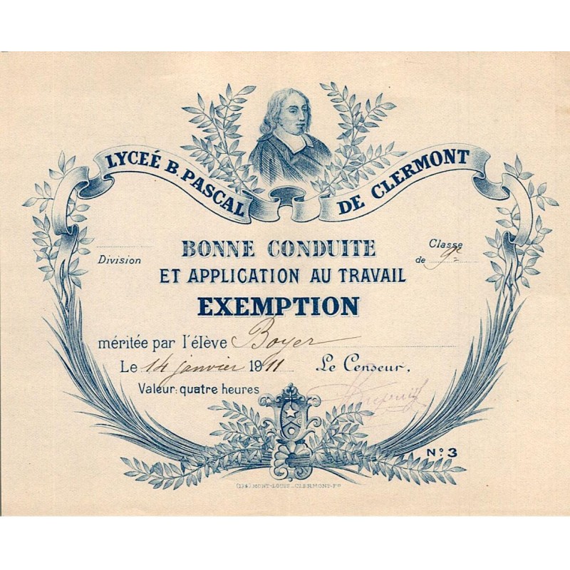 SCHOOL AWARD - GOOD CONDUCT - LYCEE B.PASCAL DE CLERMONT - JANUARY 14, 1911