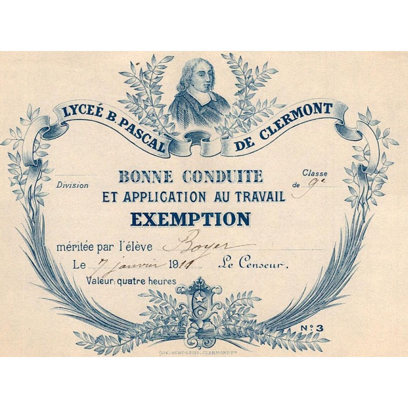 RÉCOMPENSE SCOLAIRE - BONNE CONDUITE - LYCEE B.PASCAL DE CLERMONT - 7 JANVIER 1919