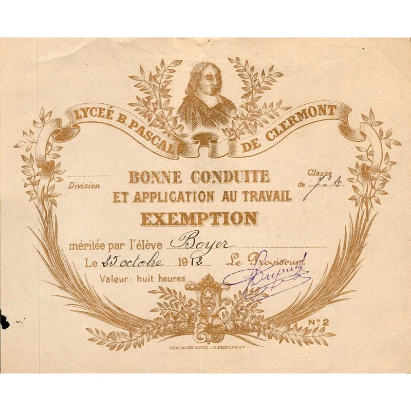 SCHOOL AWARD - GOOD CONDUCT - LYCEE B.PASCAL DE CLERMONT - 10/25/1912