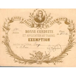 RÉCOMPENSE SCOLAIRE - BONNE CONDUITE - LYCEE B.PASCAL DE CLERMONT - 18 MARS 1880