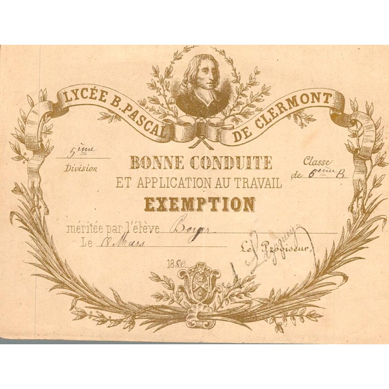 SCHOOL AWARD - GOOD CONDUCT - LYCEE B.PASCAL DE CLERMONT - MARCH 18, 1880