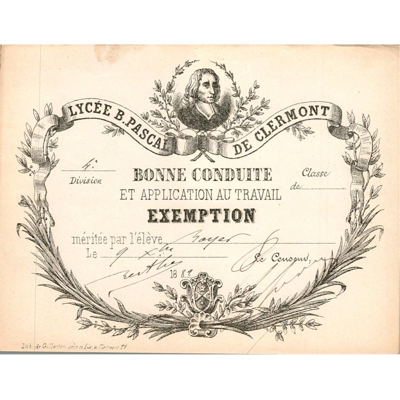 SCHOOL AWARD - GOOD CONDUCT - LYCEE B.PASCAL DE CLERMONT - 1889