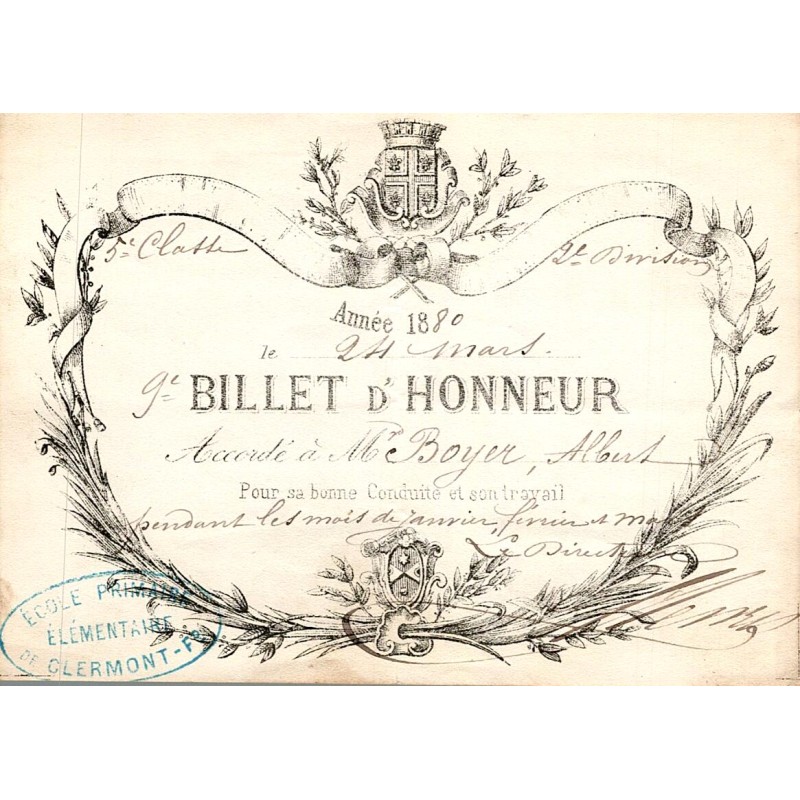 SCHOOL AWARD - HONORARY TICKET – 1880