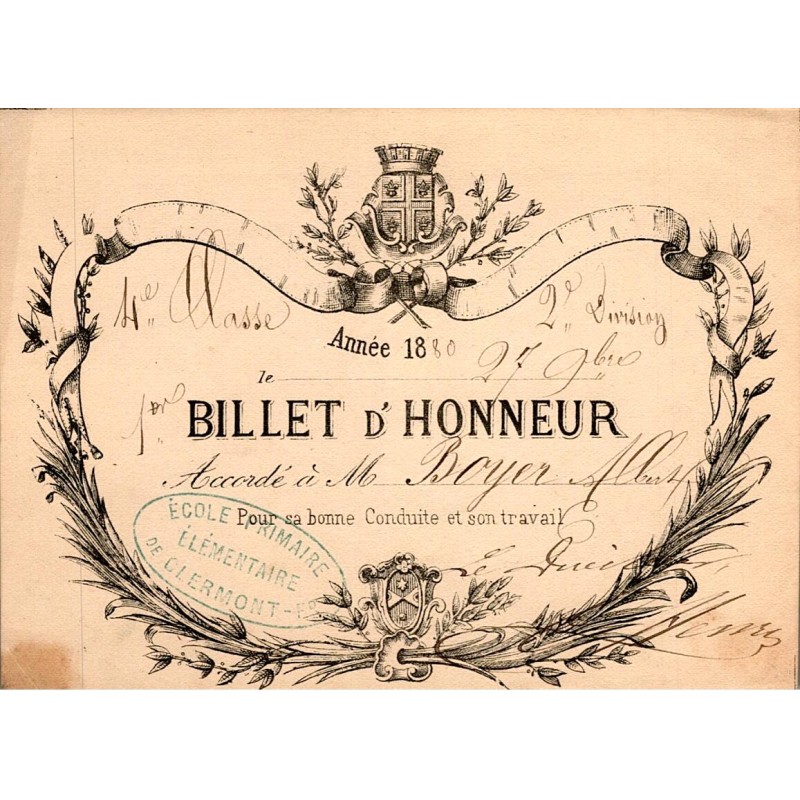 County 63 - CLERMONT - SCHOOL AWARD - HONORARY TICKET – 1880