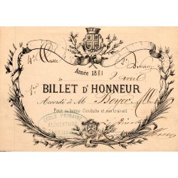 63 - CLERMONT - RÉCOMPENSE SCOLAIRE - BILLET D'HONNEUR - 1881