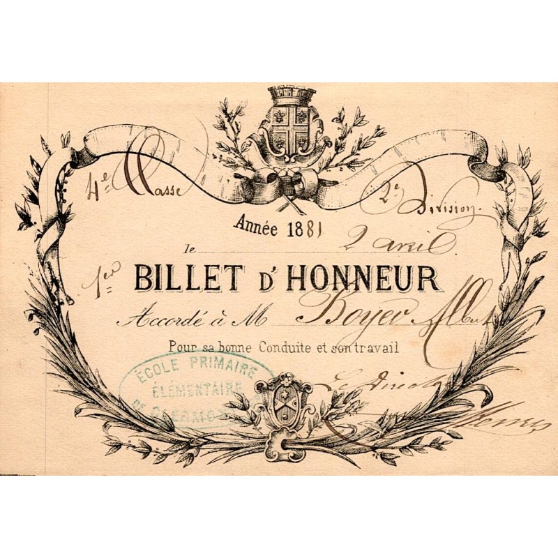 County 63 - CLERMONT - SCHOOL AWARD - HONORARY TICKET – 1881