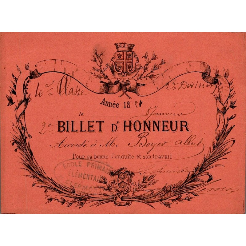 County 63 - CLERMONT - SCHOOL AWARD - HONORARY TICKET – 1884