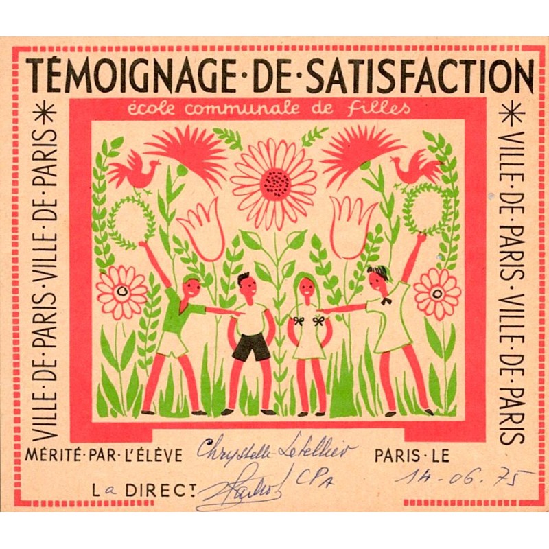 75 - PARIS - RÉCOMPENSE SCOLAIRE - TEMOIGNAGE DE SATISFACTION - 14/06/75