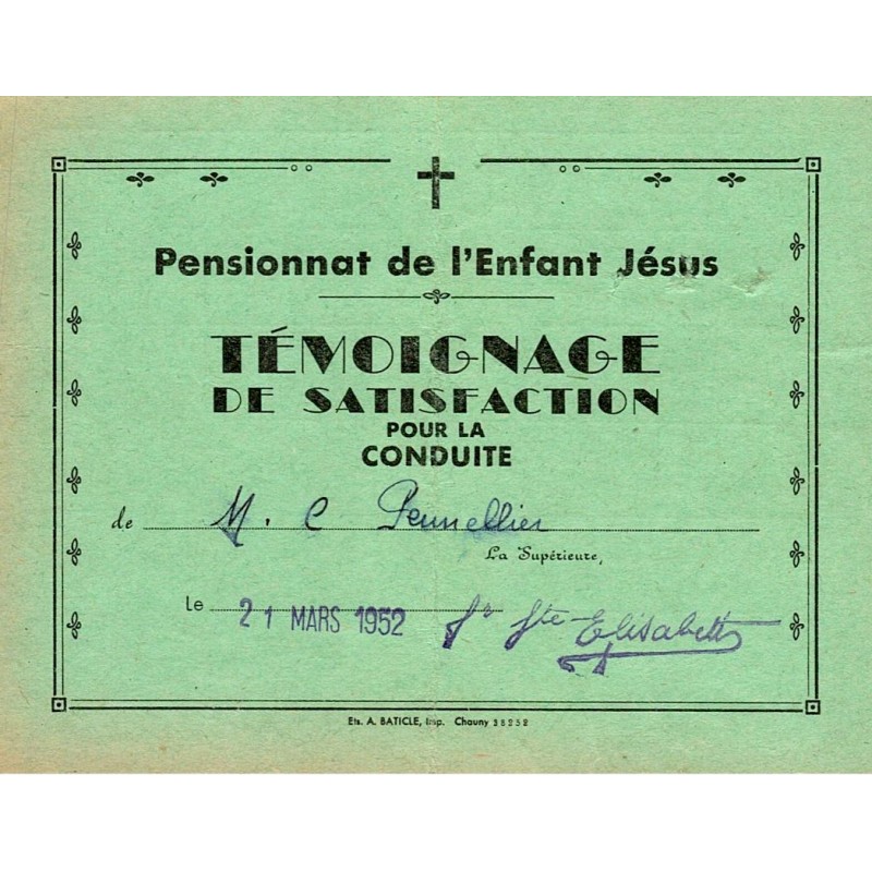 RÉCOMPENSE SCOLAIRE - TEMOIGNAGE DE SATISFACTION - 1952