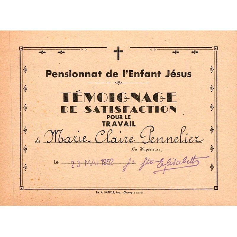 SCHOOL AWARD - TESTIMONY OF SATISFACTION - 1952