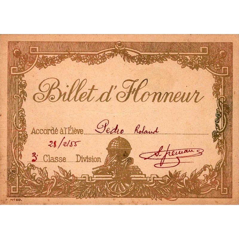 RÉCOMPENSE SCOLAIRE - BILLET D'HONNEUR - 28/02/1955