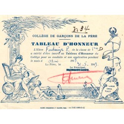 02800 - LA FERE - RÉCOMPENSE SCOLAIRE - TABLEAU D'HONNEUR - 31/05/1943