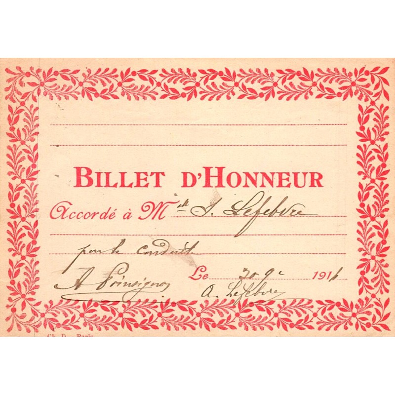 RÉCOMPENSE SCOLAIRE - BILLET D'HONNEUR - 1916