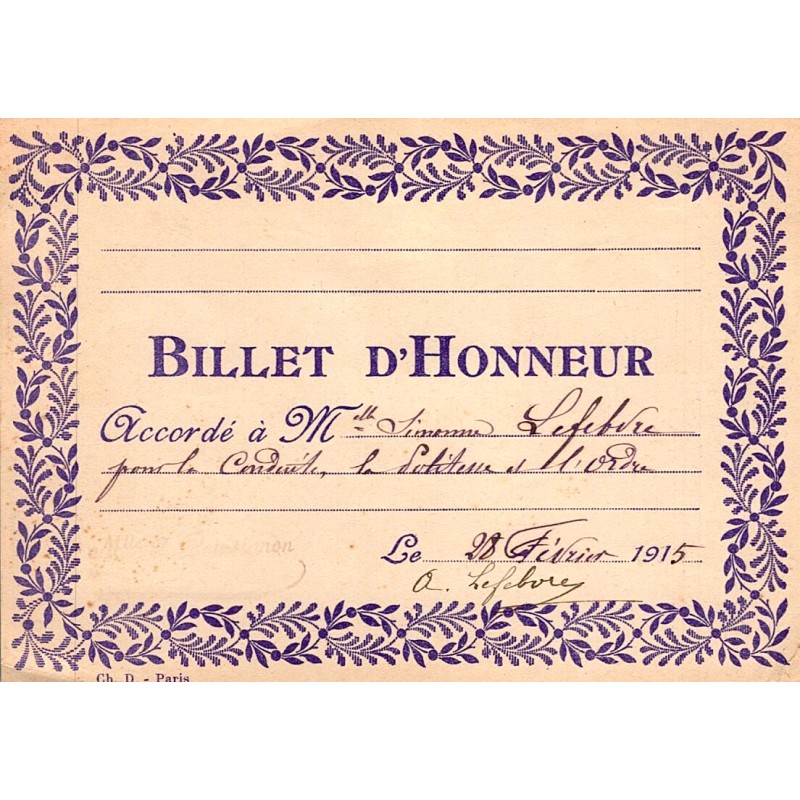 RÉCOMPENSE SCOLAIRE - BILLET D'HONNEUR - 28 fevrier 1915