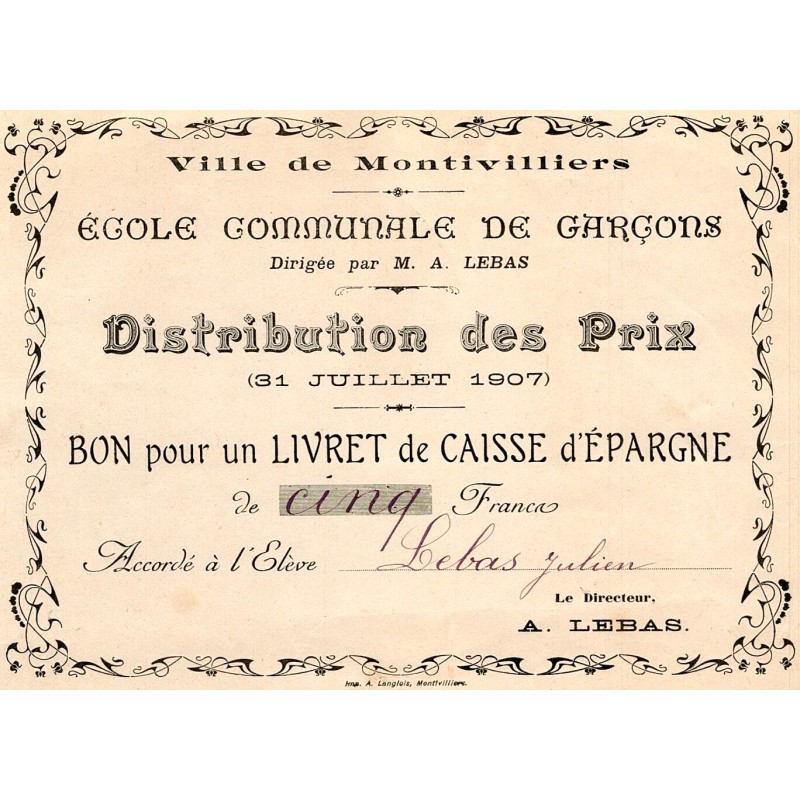 76 - MONTIVILLIERS - RÉCOMPENSE SCOLAIRE - BON POUR UN LIVRET DE CAISSE D'EPARGNE DE 5 FRANCS - 1907