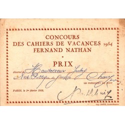 RÉCOMPENSE SCOLAIRE - PRIX CONCOURS DES CAHIERS DE VACANCES - FERNAND NATHAN - 1954