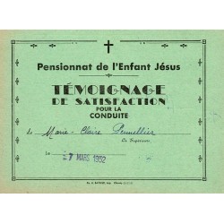 RÉCOMPENSE SCOLAIRE - TEMOIGNAGE DE SATISFACTION - 1952