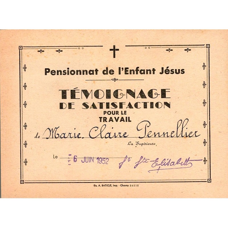 RÉCOMPENSE SCOLAIRE - TEMOIGNAGE DE SATISFACTION - 1952