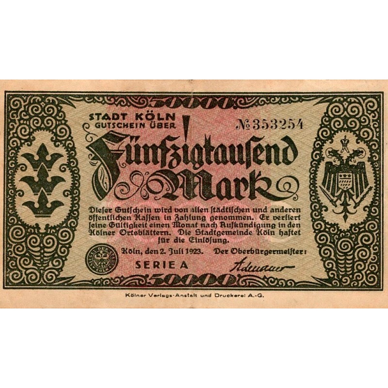 ALLEMAGNE - STADT KÖLN - 50.000 MARK - 2/07/1923