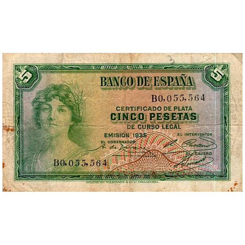 ESPAGNE - PICK 85 a - 5 PESETAS - 1935 (1936)