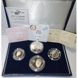 Set mit 4 Silbermünzen 50 Jahre UNO - 5 Francs, 2000 Peseten, 5 Ecu und 2 Pounds 1995