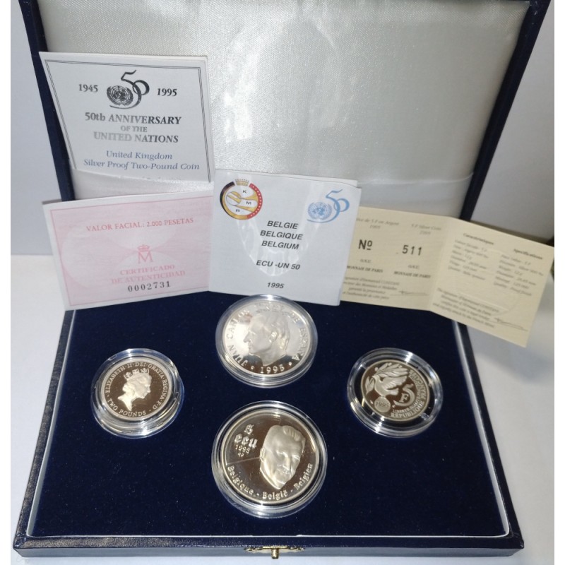 Coffret 4 pièces argent 50 ans de l'ONU - 5 Francs, 2000 pesetas, 5 Ecu et 2 pounds 1995