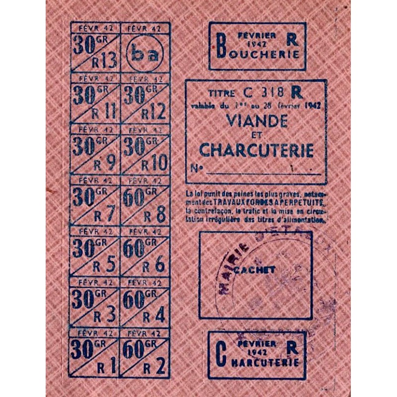 02510 - ETREUX - BON DE SOLIDARITÉ - VIANDE ET CHARCUTERIE - DU 1ER AU 28 FEVRIER 1942