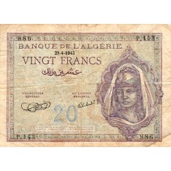 ALGERIE - PICK 92a - 20 FRANCS - 29/04/1943 - TTB