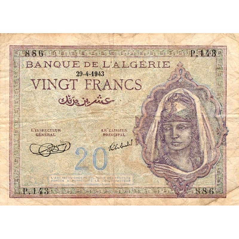 ALGERIA - PICK 92a - 20 FRANCS - 29/04/1943 - TTB