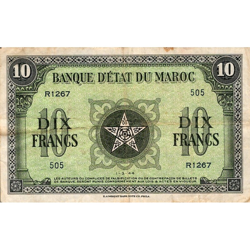 MAROC - PICK 25 - 10 FRANCS - 01/03/1944 - TRES TRES BEAU