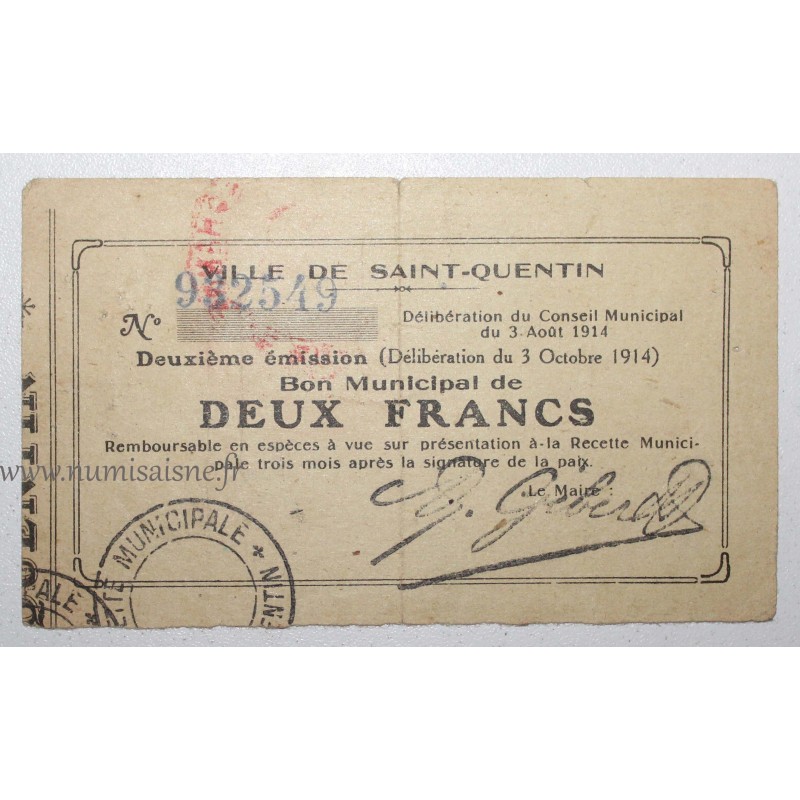 FRANCE - SAINT QUENTIN - 2 FRANCS 1914 - Municipal voucher