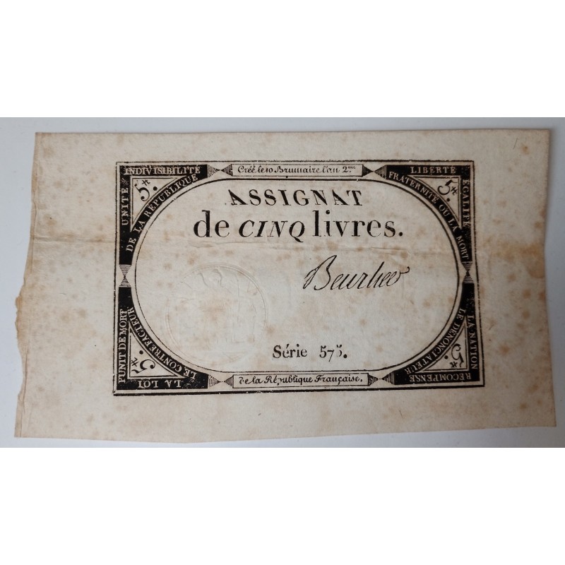 ASSIGNAT DE 5 LIVRES - 10 BRUMAIRE AN 2 - 31/10/1793 - SÉRIE 575